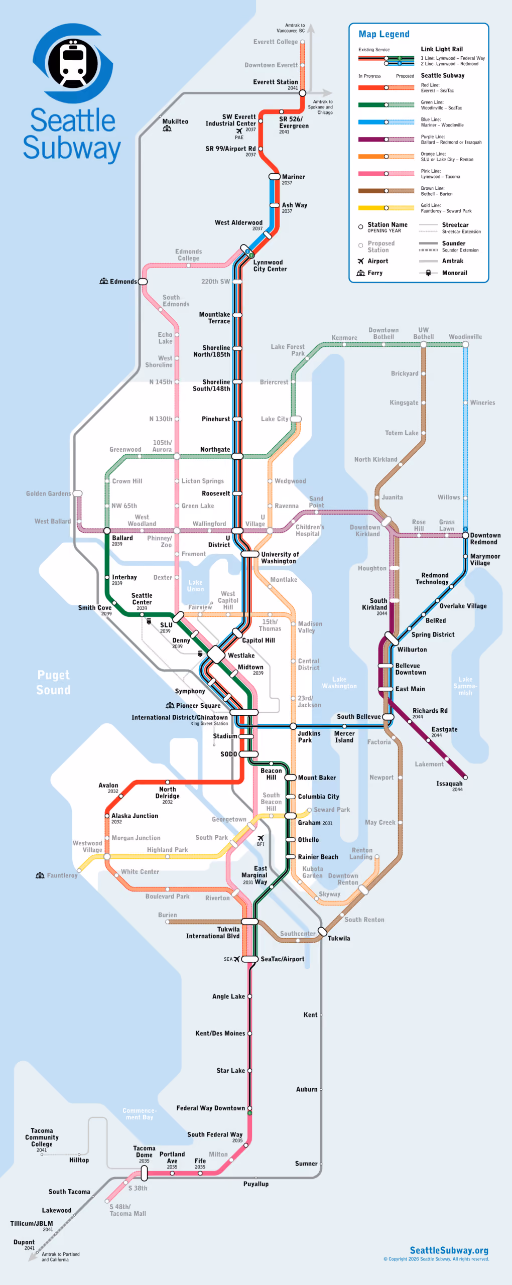Seattle Subway regional vision map showing a network of proposed grade-separated rapid transit lines connecting Seattle and the Puget Sound region.