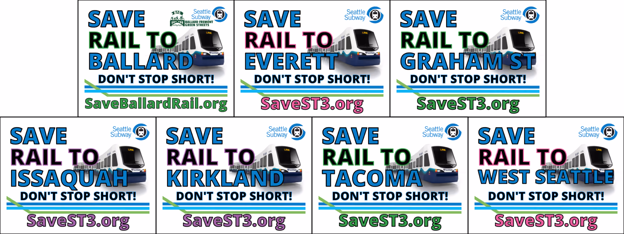 A row of Seattle Subway 'Save ST3' yard sign designs.